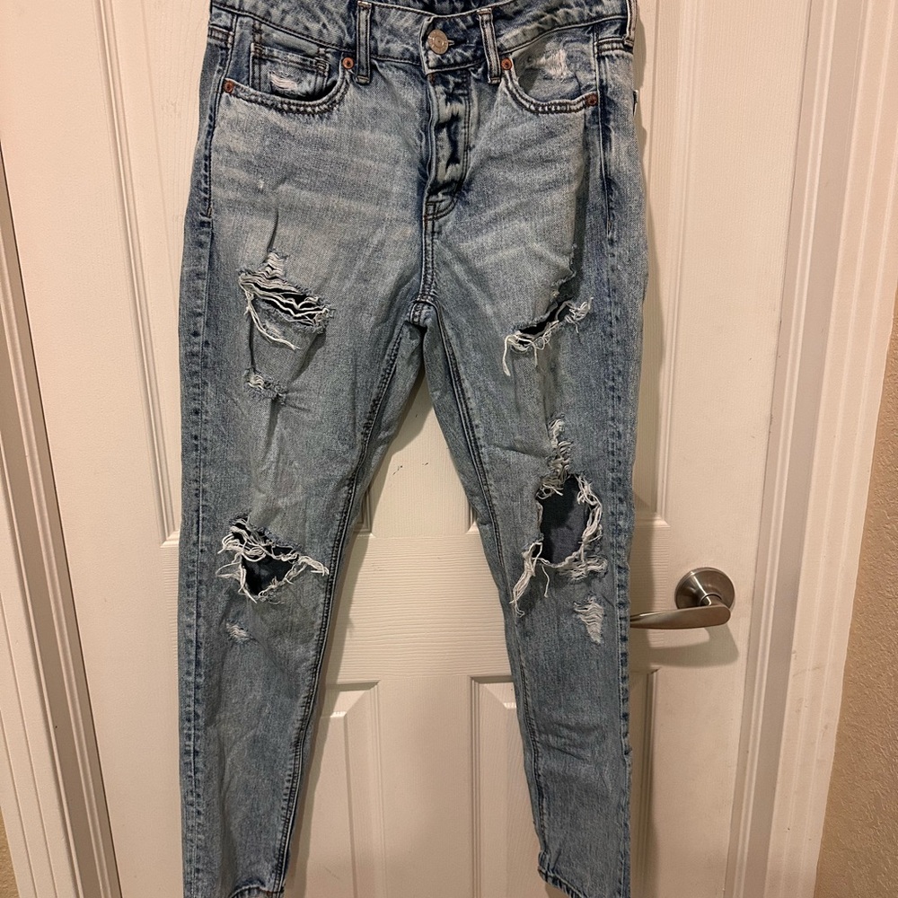 American Eagle Outfitters Blue Skinny Jeans with Distressed Details